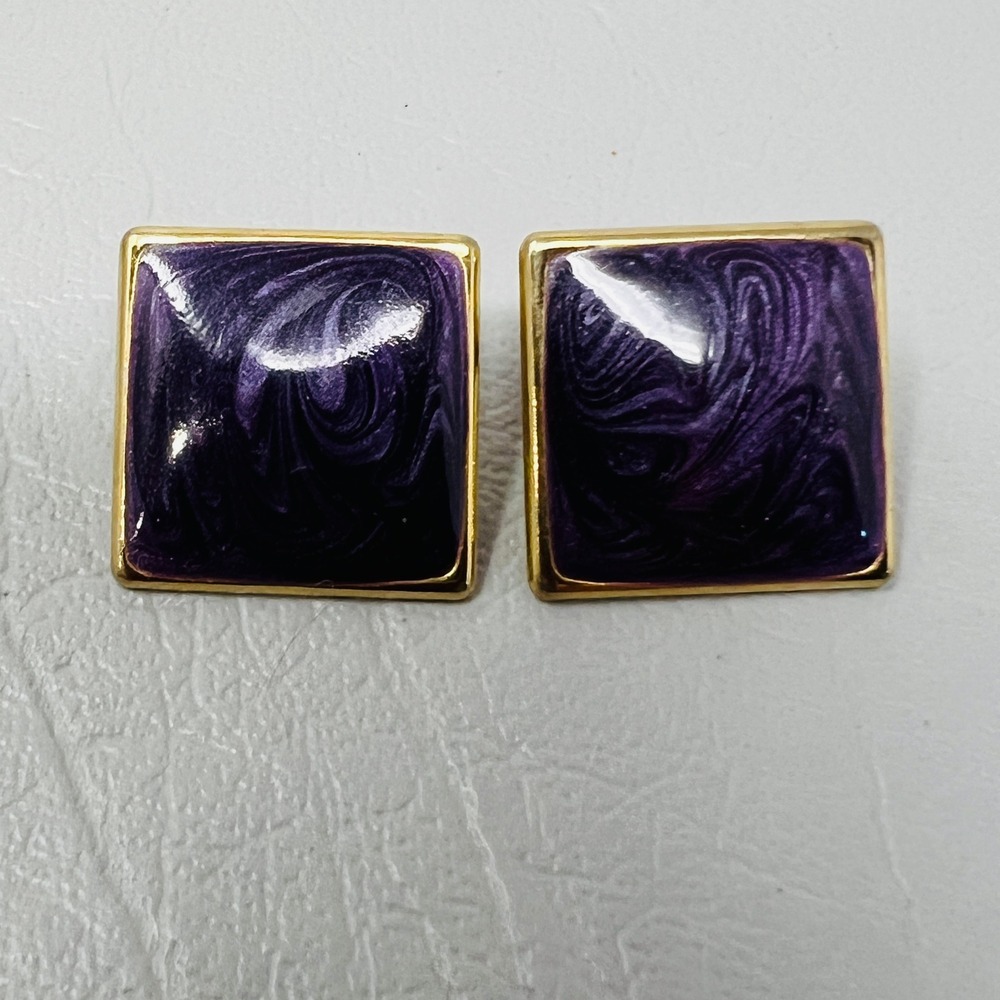 Vintage Purple Swirl Enamel Square Stud Earrings Gold Tone Post Backs